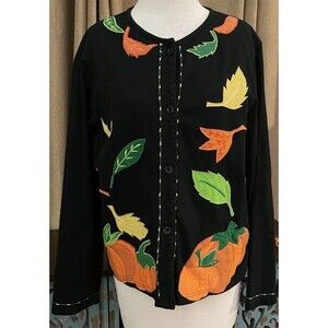Michael Simon Lite Long Sleeve Cardigan Women’s Medium  Fall Pumpkins Leaves